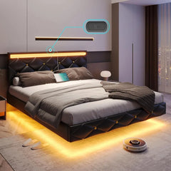 King Size Floating Bed Frame with LED Lights & USB Ports, Faux Leather Upholstered Platform Bed