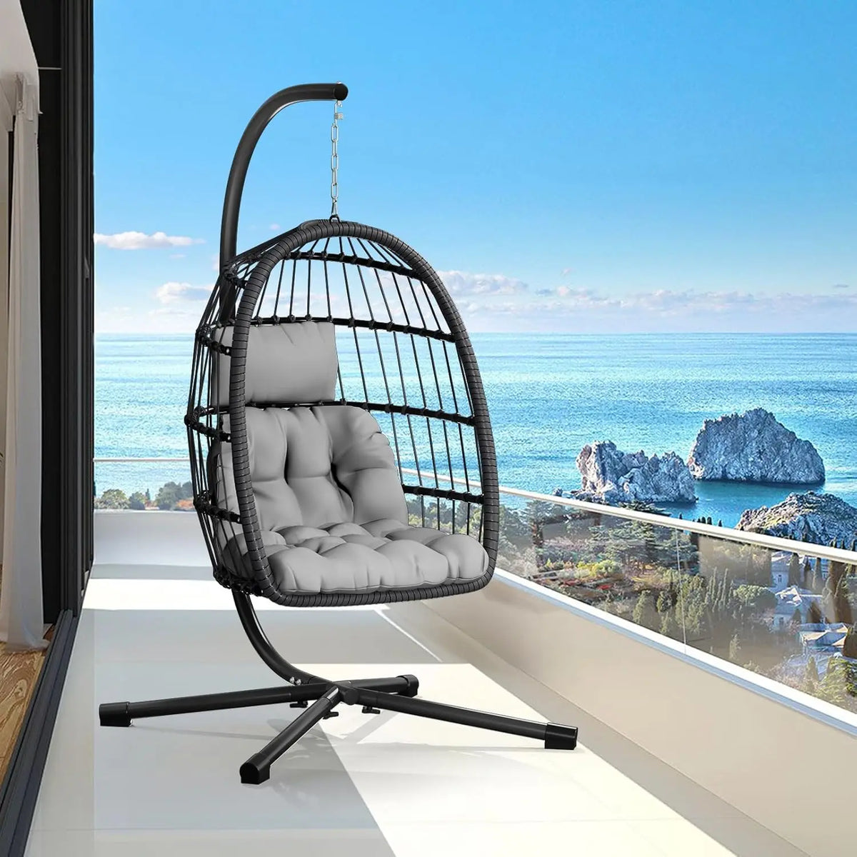 Egg Chair with Stand,Patio Rattan Wicker Hanging Swing Egg Chair Hammock Chair for Bedroom Porch Garden
