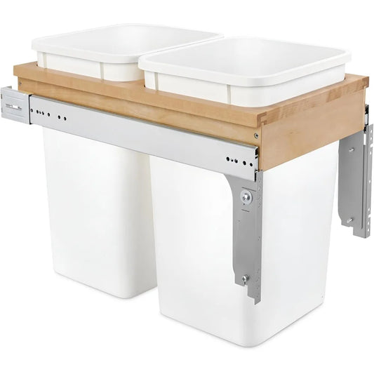 Double Pullout Trash Can for Base Kitchen/Bathroom Cabinets, 27 Qt Wood Top Mount Garbage Bin, 12" x 1.5" Face-Frame