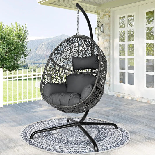 Oversized Swing Egg Chair with Stand Indoor Outdoor PE Wicker Rattan Patio Basket Large Hanging Chair, Hammocks