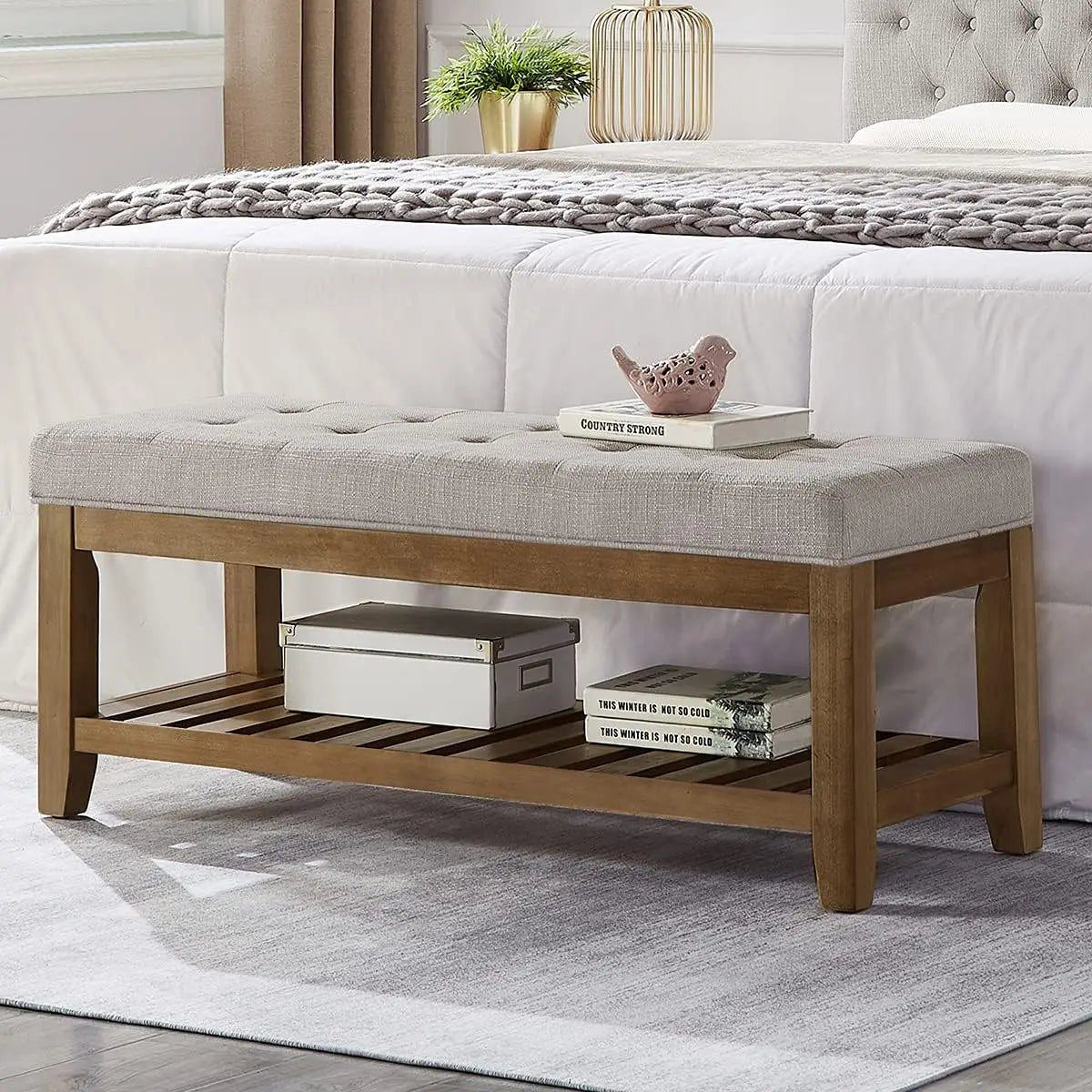 Bench, Large Rectangular Upholstered Tufted Linens Fabric Ottoman Benches, Padded Benches with Solid Wood Shelf-Linen, Bench