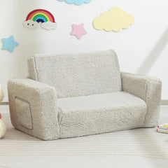 Fold Out Toddler Couch, Extra Wide Comfy 2-in-1 Cuddly Sherpa Sofa for Kids, with Removable Baby Friendly Blanket, Convertible