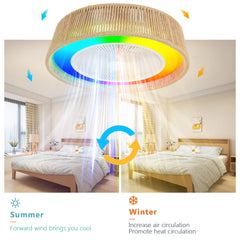 21" Modern Rustic Ceiling Fan Light with LED RGB Mood Lighting, Rope Woven Design, Quiet Fan, Semi Flush Mount for Bedroom