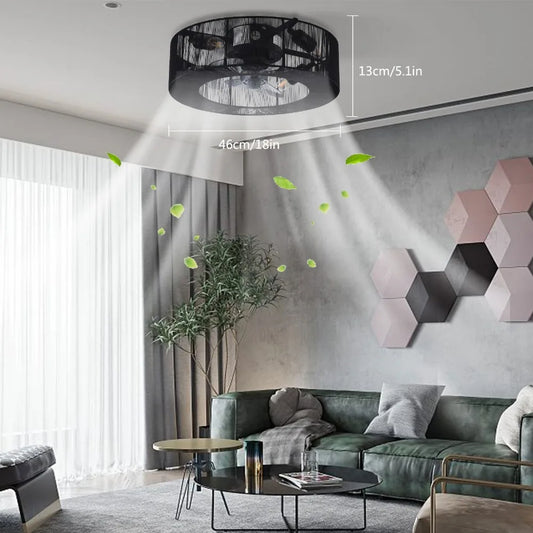 Black Caged Ceiling Fan with Lights and Remote Control 18'' Low Profile Bladeless Flush Mount Fan for Indoor Living Room Bedroom