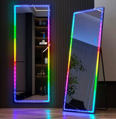 Full Length Mirror with RGB Lights, Full Body Lighted Mirror with Crushed Diamond, Free Standing Floor LED Mirror, Wall Mounted