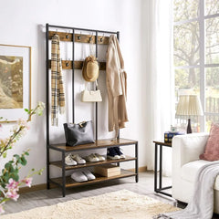 Hall Tree Entryway Coat Rack with Bench, Large Hall Tree with Wooden Shoe Storage & 24 Hooks for Entryway, Sturdy Meta