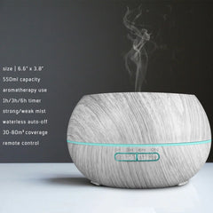 Ultra Quiet 550ml Aroma Diffuser  Wood Texture Finish   7 Color LED Night Light  Remote Control Humidifier +  6 Essential Oils