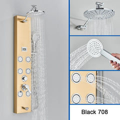 Black Shower Panel Column Big Screen Blue Light Rain&Waterfall Shower Head  Massage Jets Mixer Bathroom Shower Faucet