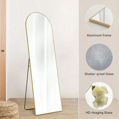 Gold Full Length Arched Mirror Stand Leaning Aluminum Frame Hanging Floor Mirror