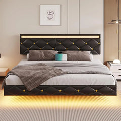 King Size Floating Bed Frame with LED Lights & USB Ports, Faux Leather Upholstered Platform Bed