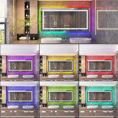 LED Bathroom Mirror Rectangular Wall Vanity Mirror Dimmable with 8 RGB Backlit 3 Front Color Anti-fog, Memory