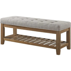 Bench, Large Rectangular Upholstered Tufted Linens Fabric Ottoman Benches, Padded Benches with Solid Wood Shelf-Linen, Bench
