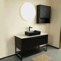 26" Wall-Mounted Fluted Side Cabinet for Bathroom Storage, Black Storage Compartment with 2 Doors and Shelves