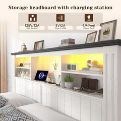 EnHomee Queen Bed Frame with Headboard and Storage, 4 Drawers & LED & USB Bed Frame Queen Size with Storage Farmhouse, Built in