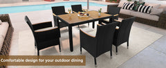 7 Piece Patio Furniture Set, Outdoor Dining Acacia Wood Table Top Rattan Conversation Set with Soft Cushions, 6 Chairs & 1 Table