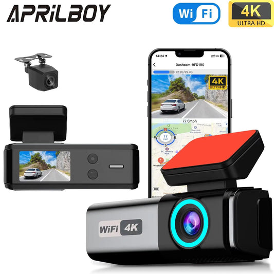Aprilboy 4K Dash Camera Front and Rear WiFi Car Dvr Dual Car Camera Easy To Install Car Camera Recorder Touched GPS Black Box