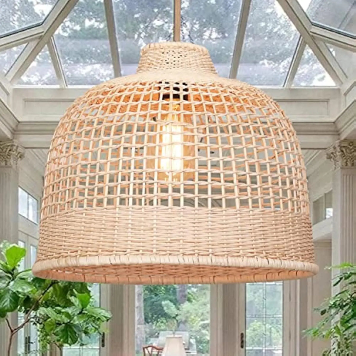 Rattan Pendant Lights, Hand-Woven Large Wicker Chandelier Boho Pendant Light Bamboo Basket Hanging Light for Bedroom Dining Roo