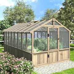 6x12FT Greenhouses for Outdoors,Wooden Greenhouse with Cedar Frame&Adjustable Vent,Green House with 4-Layer Polycarbonate Panel