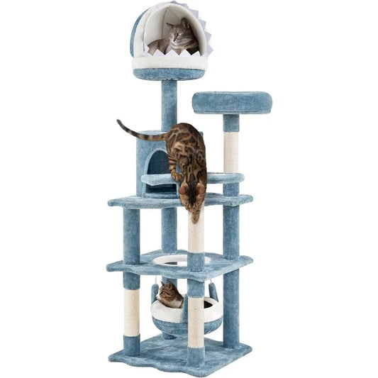 61in Tall Ocean-Themed Cat Tree, Multi-Level Cat Tower with Shark's Mouth-Shaped Nest, Fish-Shaped Platform
