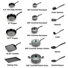 T-fal Easy Care, 20 Piece Non-Stick Pots and Pans Cookware Set, Grey