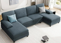 Living Room Sectional Sofa, 4-seater Set U-shaped Sofa with Double Chaise Longue, Large 106-inch Modern Fabric Sofa