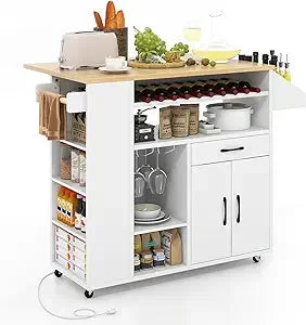 Kitchen Island Cart with Drop-Leaf & Power Outlet, Rolling Kitchen Cart on Wheels with Wine Rack, Glass Holder, Drawer,