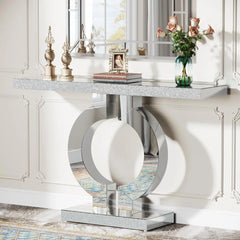 Modern Mirrored Console Table, Glass Sofa Table with Mirror Finish, 43-Inch Entryway Table with O-Shaped Base,