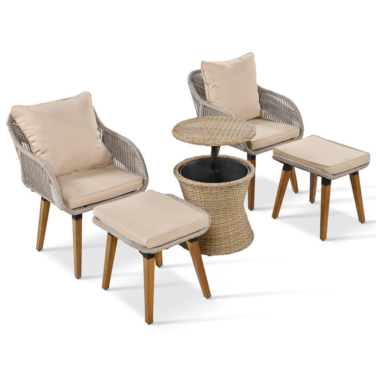 5 Pieces Outdoor Patio Furniture Set Wicker Bar Table with 2 Bistro Conversation Set With Single Chairs and Stools for Balcony
