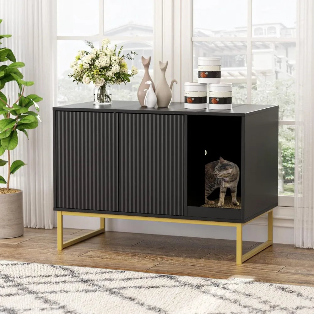 Cat Litter Box Enclosure, Fluted Hidden Litter Box Furniture with Scratch Pad and Metal Legs, Modern Enclosed Cat Cabinet