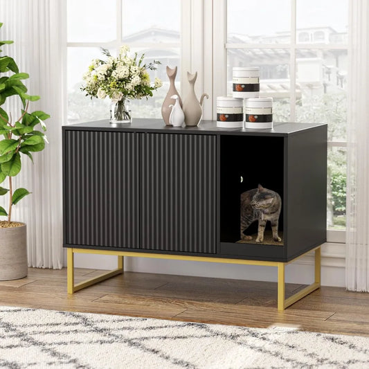 Cat Litter Box Enclosure, Fluted Hidden Litter Box Furniture with Scratch Pad and Metal Legs, Modern Enclosed Cat Cabinet