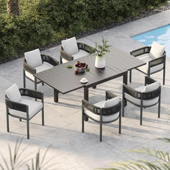 patio 7-Piece Outdoor Dining Set for 6, Fixed Patio Chairs with Thickened Cushions & 1 Rectangular Woodgrain Dining Table