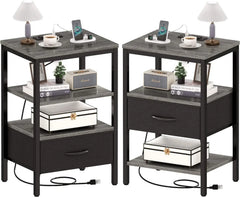 Nightstand Set of 2, Bed Side Tables with Charging Station, Adjustable Fabric Drawer, Night Stand for Bedroom