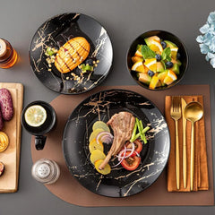 Plates and Bowls Sets for 4, Black Dinnerware Sets 16 Piece Gold Splash Glaze Round Dish Set, Porcelain Plate
