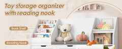 55.1’’ Kids Bookshelf with Reading Nook, Toy Storage Organizer with Seat Cushion and 3 Movable Drawers, Kids Reading Nook