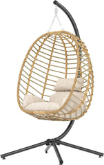 Indoor Outdoor Hanging Egg Chair with Stand, Patio Wicker Hammock Egg Swing Chair with Cushion for Bedroom Garden