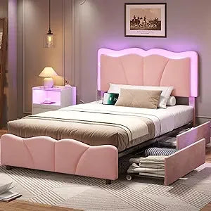 MSmask Queen Bed Frame with 4 Storage Drawers and LED Lights, Velvet Upholstered Platform Bed Frame with Height Adjustable Headb