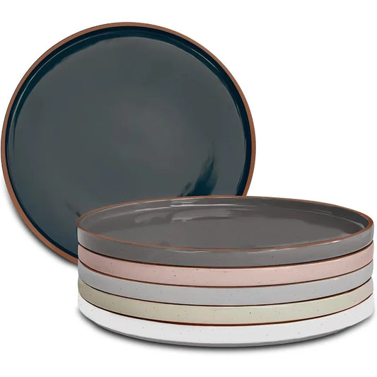 Mora Ceramic Flat Dinner Plates Set of 6, 10.5 in High Edge Dish Set - Microwave, Oven, and Dishwasher Safe, Scratch Resistant