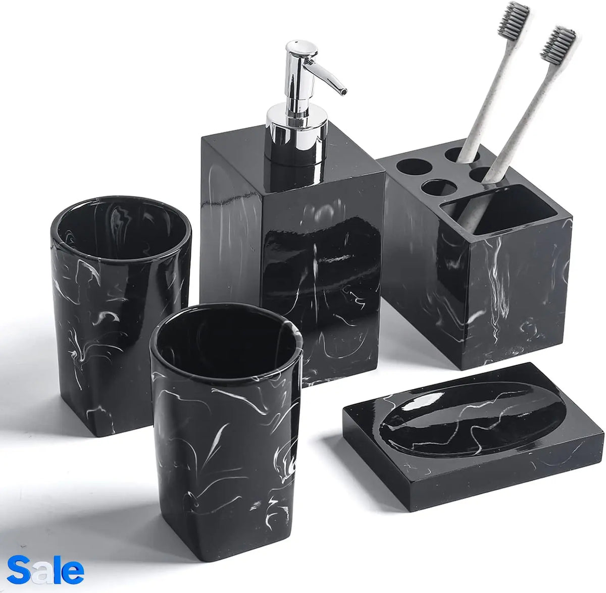5-Piece Bathroom Counter Top Accessory Set - Dispenser for Liquid Soap or Lotion, Soap Dish, Toothbrush Holder and 2 Tumblers,