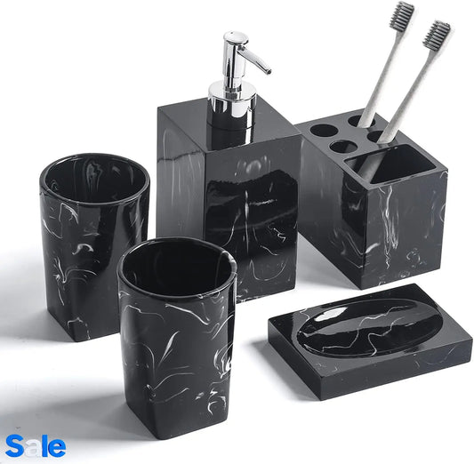 5-Piece Bathroom Counter Top Accessory Set - Dispenser for Liquid Soap or Lotion, Soap Dish, Toothbrush Holder and 2 Tumblers,