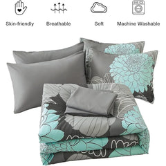 7 Pieces Bed in a Bag Floral Comforter Set Green Flowers Bedding Set Soft Microfiber King Comforter Sets Duvet Cover Sets
