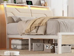 Queen Bed Frame with Headboard and LED Lights, Ergonomic Upholstered Queen Platform Bed Fame with Charging Station & Storage