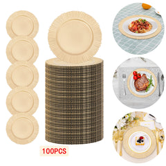 100 PCS Charger Plates Set, 13in Gold Round Dinner Plate, Plastic Decorative Service Plate Wedding Decor Table Place