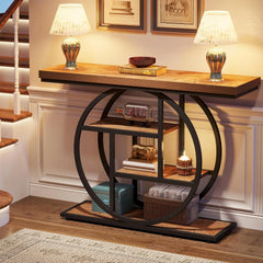 Console Table, Industrial 4-Tier Sofa Table Entryway Table with Circle Base, Narrow Wood Accent Tables with Sto