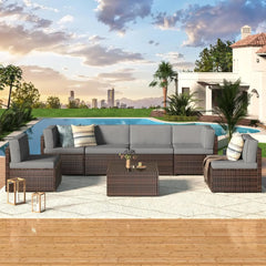 7 Piece Outdoor Patio Furniture Set, PE Rattan Outdoor Grey Wicker Furniture, Outdoor Sectional Furniture Chair Set with Cushion