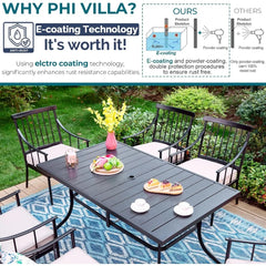 7 Piece Patio Dining Table Set with Cushion, Large Rectangular Metal Dining Table with Umbrella Hole & 6 Cushioned Iron Chairs