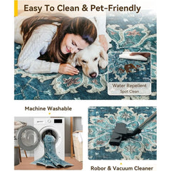 Washable Non-Slip Area Rug 5x7 Floral Vintage Distress Print Soft Carpet Thick Non Slip Backing Living Room Bedroom Dining Room
