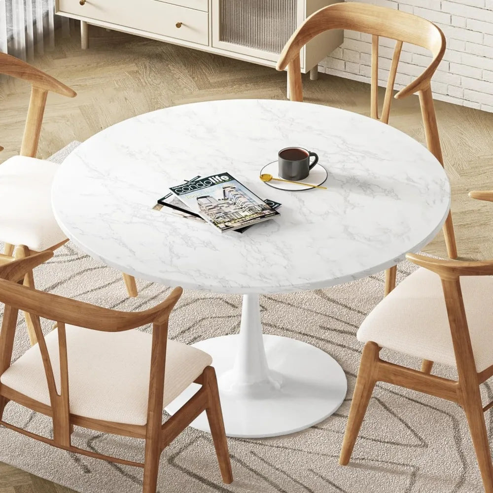 Modern Round Dining Table – Mid-Century Kitchen Table with Faux Marble Top & Pedestal Base