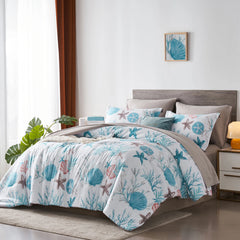7 Piece Bed In A Bag Bed Comforter Set Queen, Fashion Starfish Coral Print, Boho Print Comforter And Sheet, Pillowcase Set,