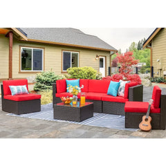 6 Piece Small Patio Furniture Sets, All Weather PE Wicker Rattan Outdoor Sectional Sofa with Glass Table, Cushions and Pillows
