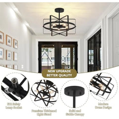 Black Semi Flush Mount Ceiling Light, 12.59'' Modern Industrial Close to Ceiling Light Fixture Vintage Farmhouse Chandelier for